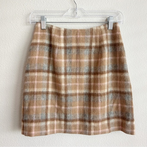 J. Crew Dresses & Skirts - J Crew Wool Blend Plaid Skirt Size 2 Tan Pink and Grey